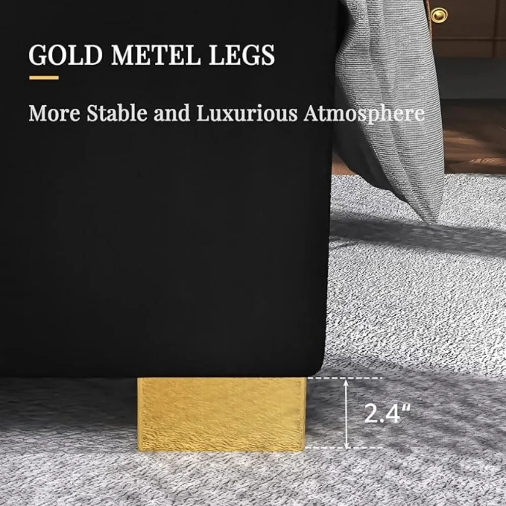 King Size Platform Bed Frame, 65" Velvet Upholstered Bed with Gold Trim Headboard/Wooden Slats/No Box Spring Needed/Black 6