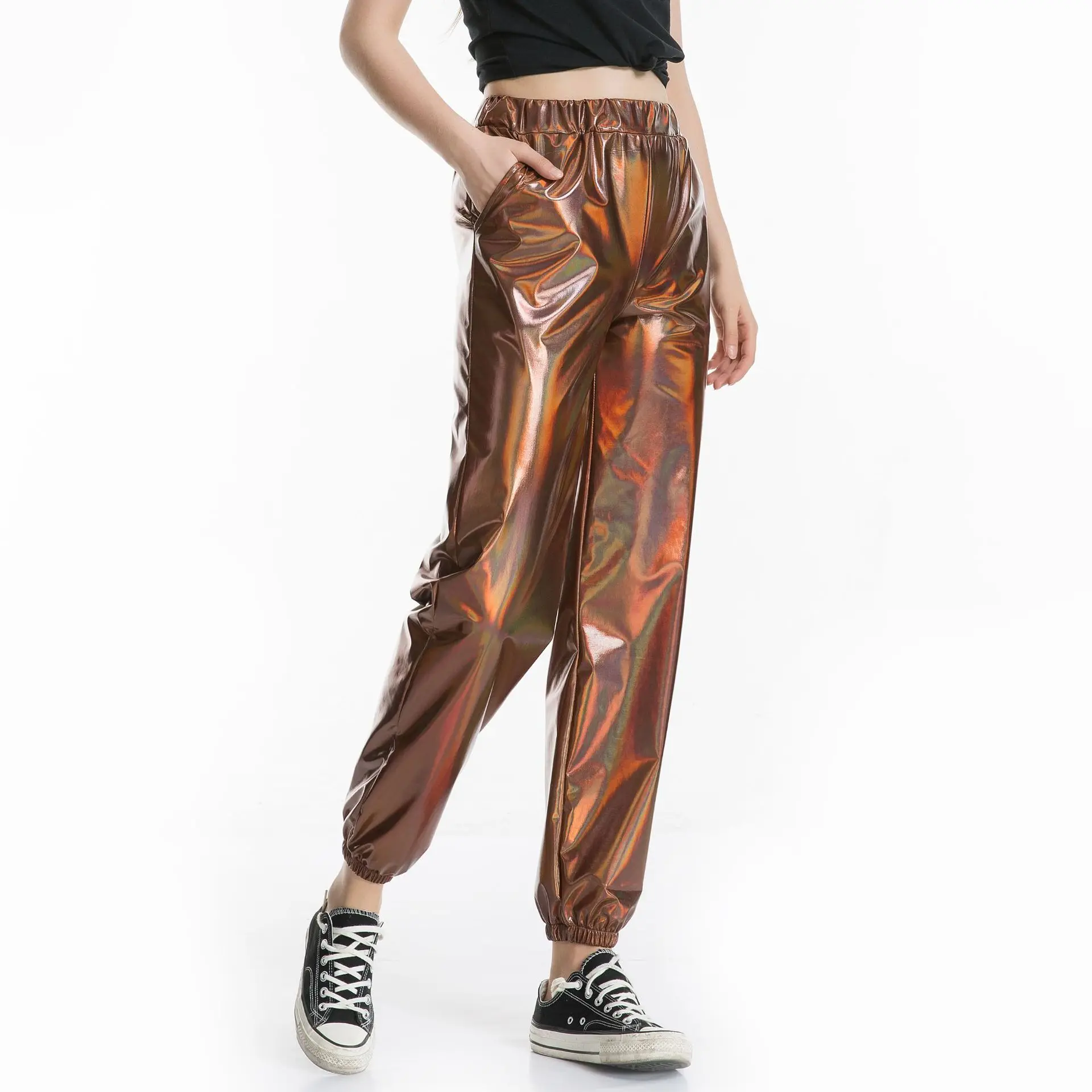 

Metallic Shiny Jogger Pants Women Harem Hip Hop High Waisted Glittening Streetwear Elastic Trousers Smooth Reflective Pants