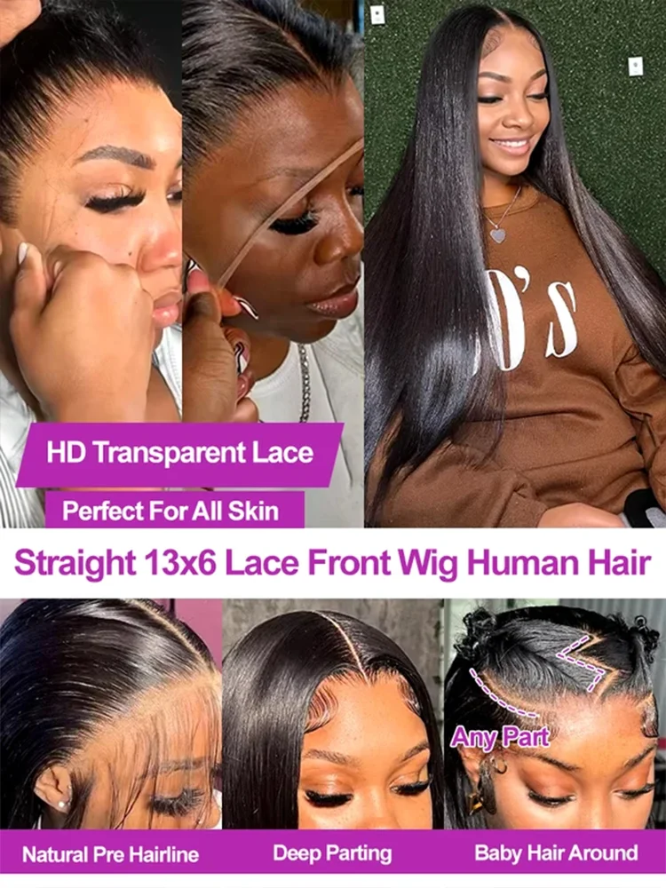 250 Density 13x4 HD Lace Front Straight Wig Human Hair Natural Color Pre Plucked Glueless Wig for Women