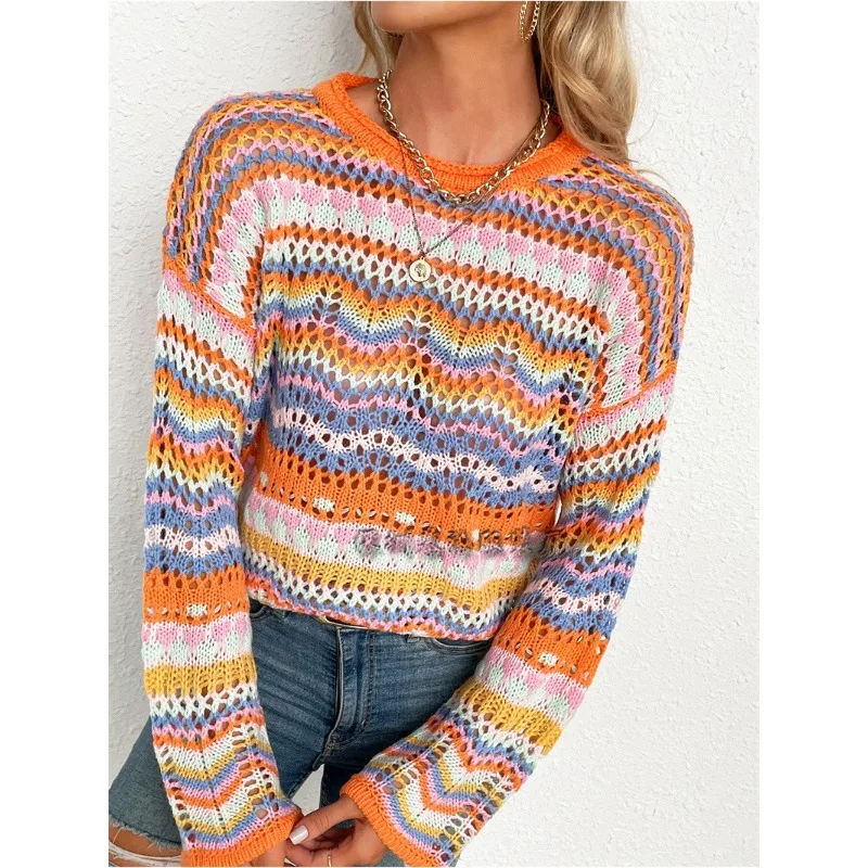 

Woman Fashion Loose Splice Knitted Top Temperament Commuting Female Casual Clothing New Autumn Women's Striped Pullover Sweater