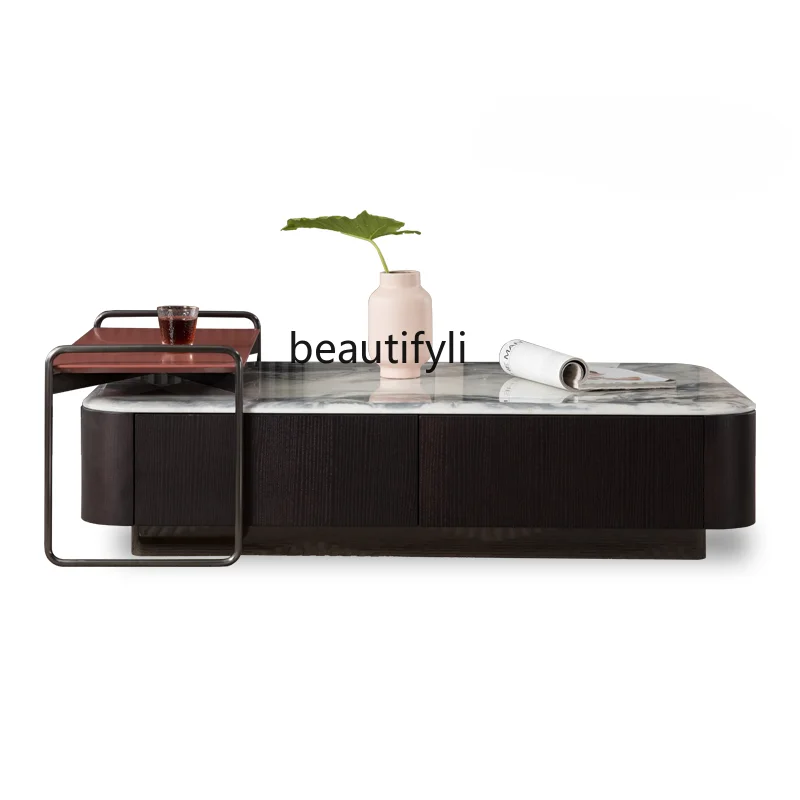 

Italian Coffee Table Combination Small Apartment Smoked Wood Leather Light Luxury Modern Minimalist Living Room Coffee Table
