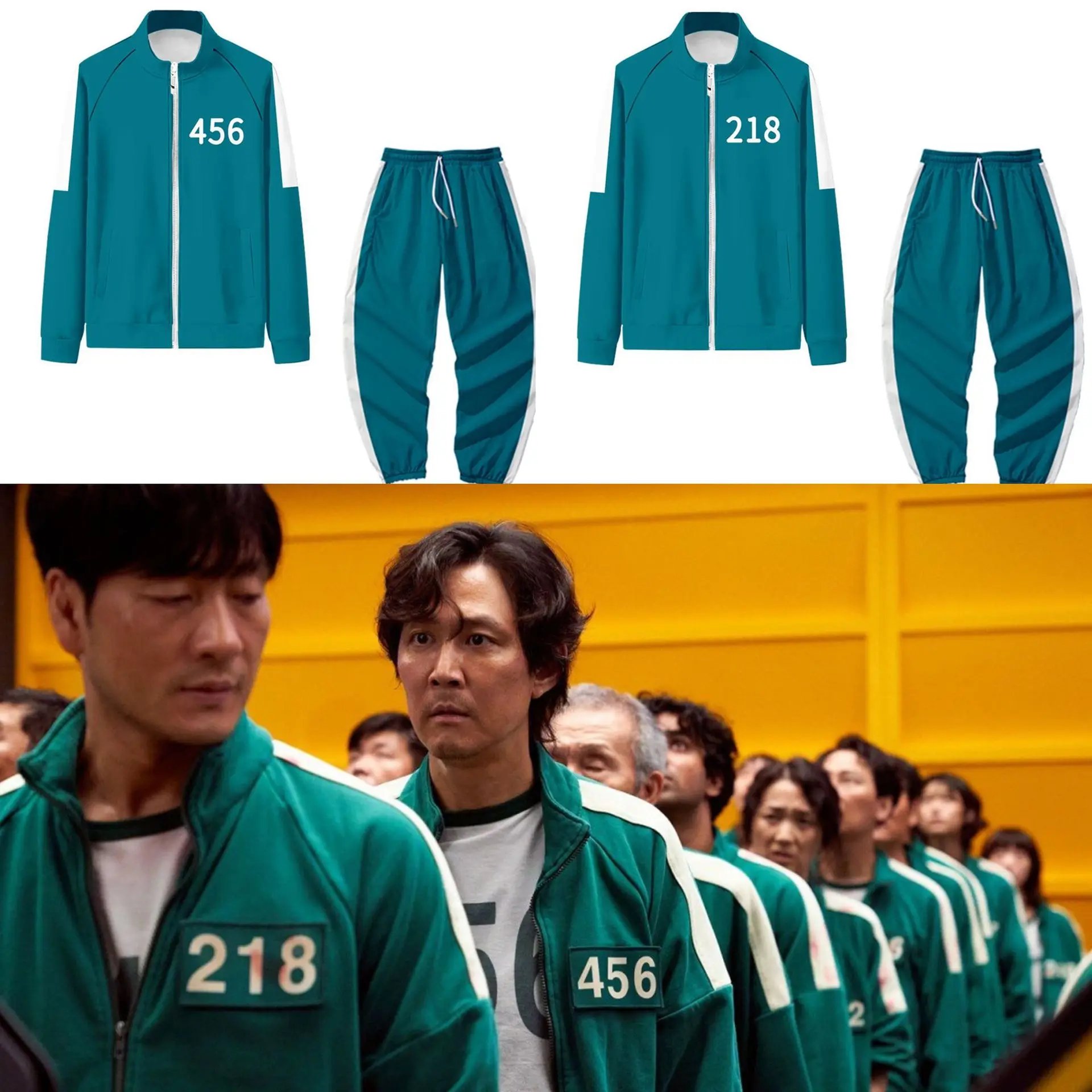 

Squid green Costumes Jacket Pants Round Six Men Cosplay Sports Zipper Cardigan Digital 456 Printing Pocket Sweatshirts Set