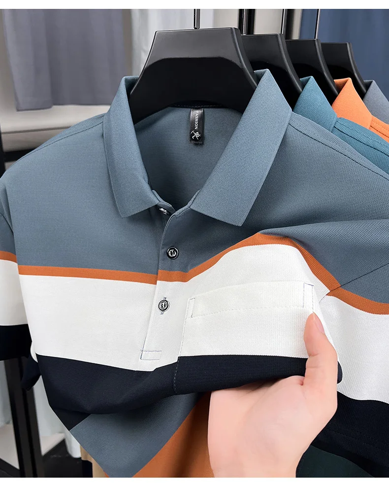 Quality trendy short sleeve polo shirt men fashion color blocked striped pocket design comfortable breathable summer T-shirt 13 S2a307fa530434f14b79918d9550ce9d15