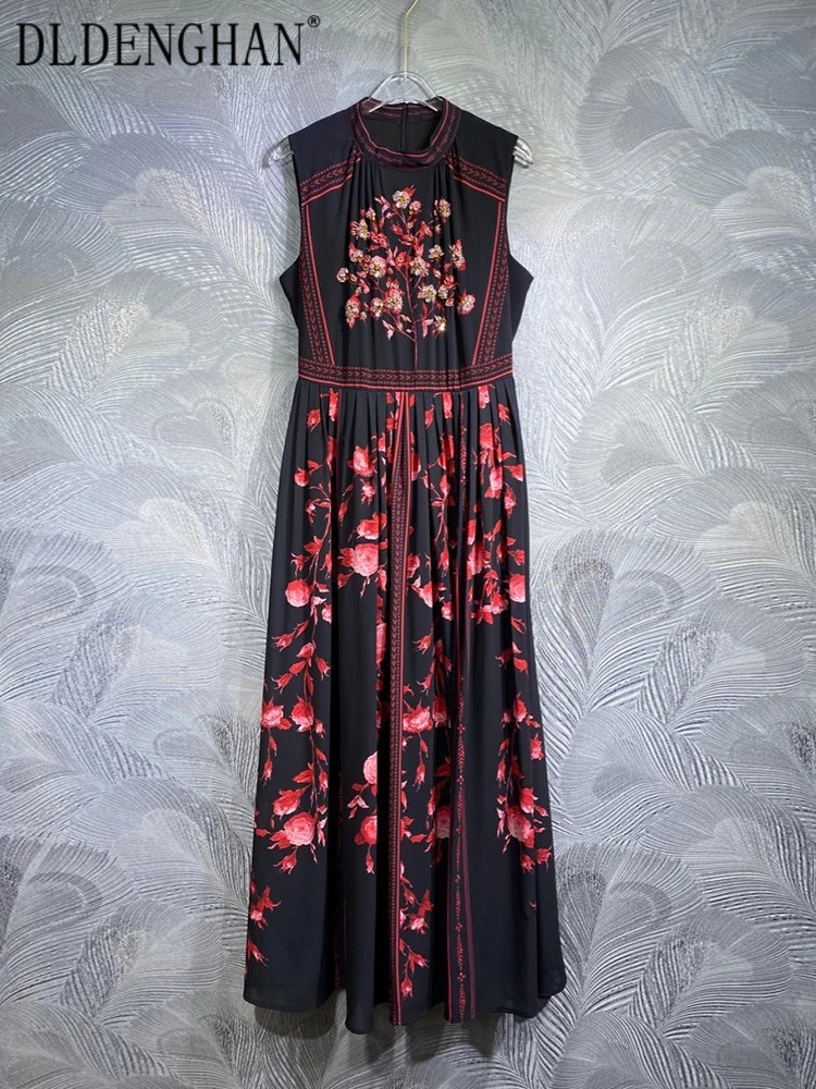 

DLDENGHAN Summer Red Floral Print Dress Women's Stand Collar Sleeveless Diamonds Vintage Long Dresses Fashion Designer New