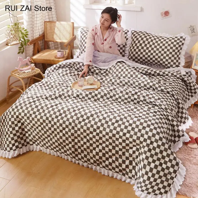 New Summer Quilted Quilt with Lotus Leaf Lace Korean Princess Style Air Conditioning Blanket Adults Kids Cool Thin Quilt