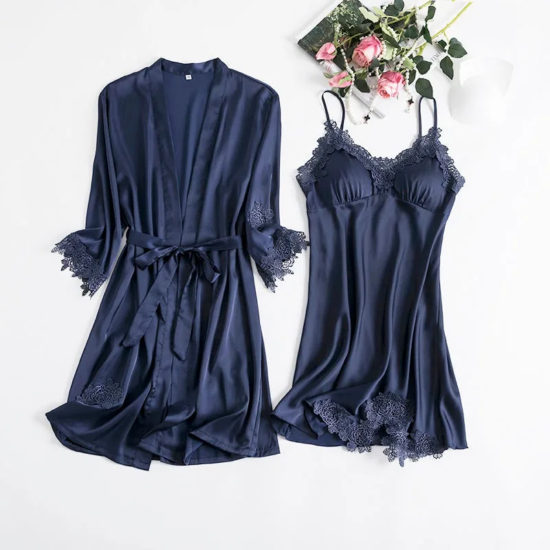 2023 Summer Autumn Pajamas Women Sexy Two Piece Ice Silk Thin Large Sleeves Pajama Dresses with Chest Pads for External Wear