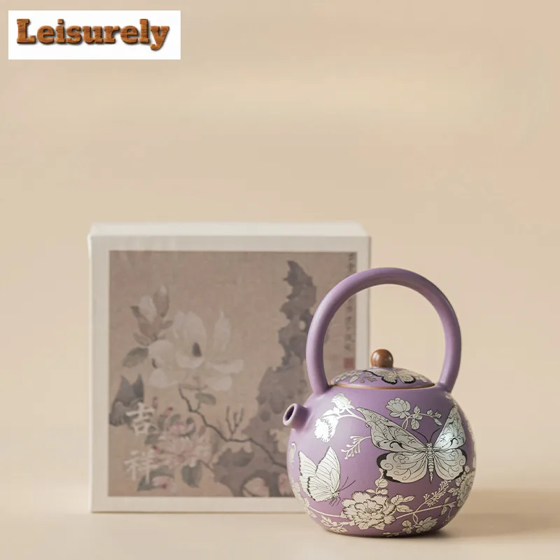 210ml Gilt Silver Butterfly Flower Lifting Handle Teapot Luxury Tea Infuser Pot Tea Brewing Kettle With Ball Hole Teaset Supplie