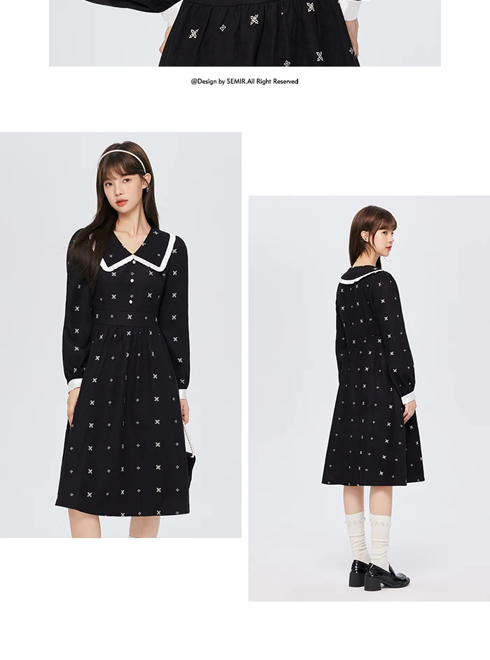 Vestido de mujer con mangas abullonadas y estampado completo, negro, de invierno, con solapa de encaje.
