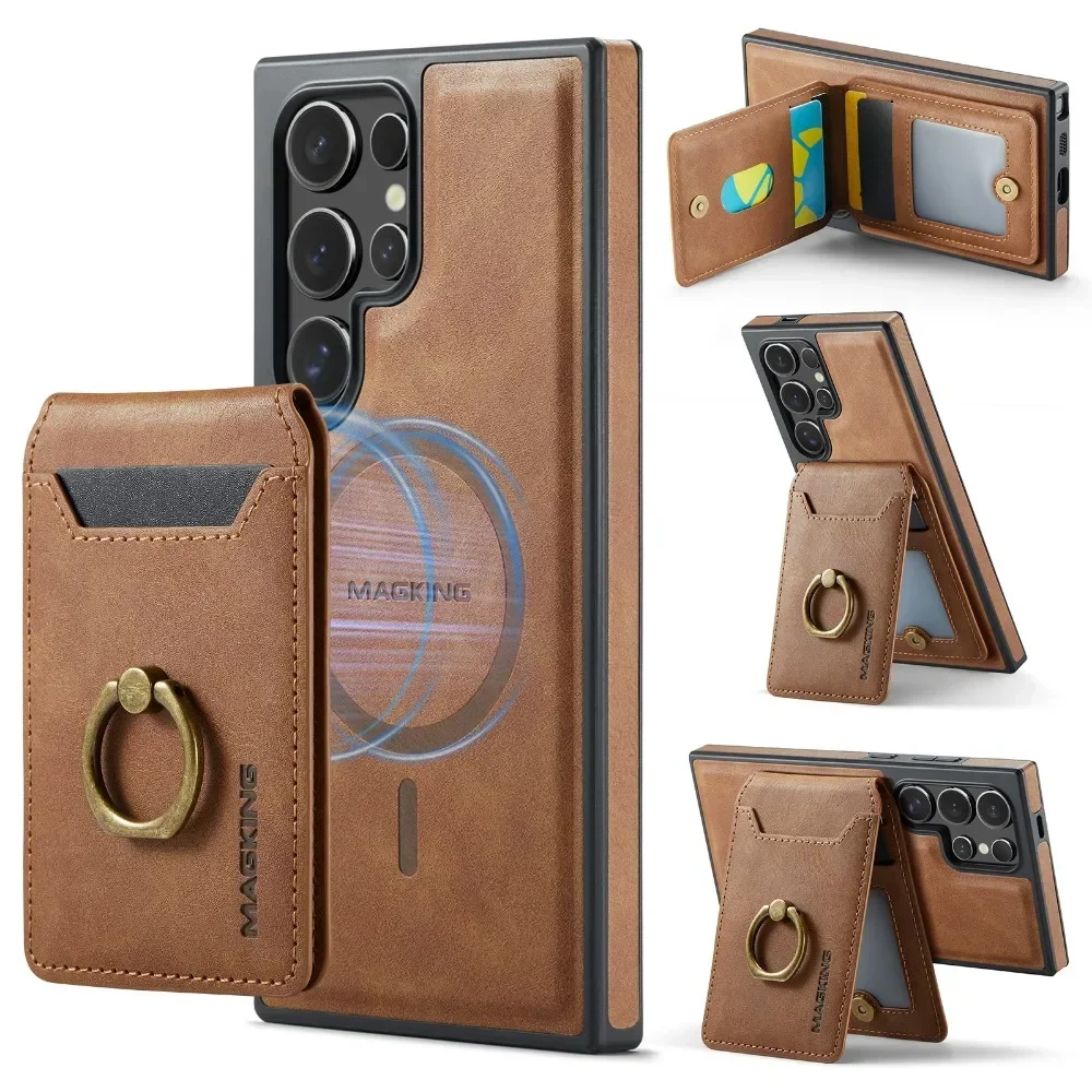 Detachable Magnetic Leather Wallet with Card Holder and Ring Cover