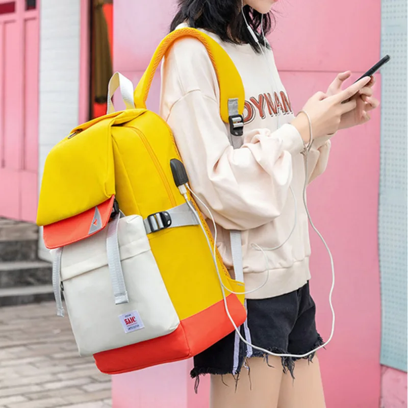 OYIXINGER Girl's Schoolbag Patchwork Backpacks For Teenager USB Charging Waterproof School Backpack Large Capacity Travel Bag