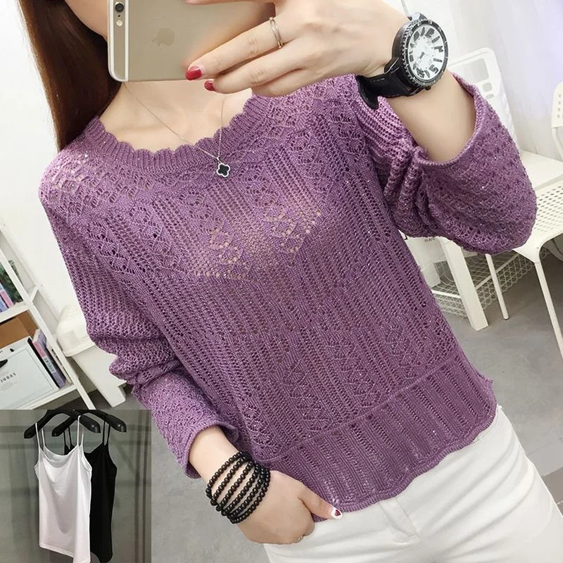 

Hollow Out Crochet Crop Top Pullover Women Long Sleeve Casual Blouse Beach Holiday 2023 New Ladies Loose Tee Shirt Femme P320