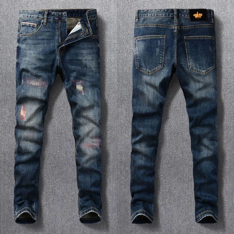 Vintage Fashion Men Jeans Retro Blue Slim Fit Patchwork Ripped Jeans Men Trousers Embroidery Designer Casual Denim Pants Hombre