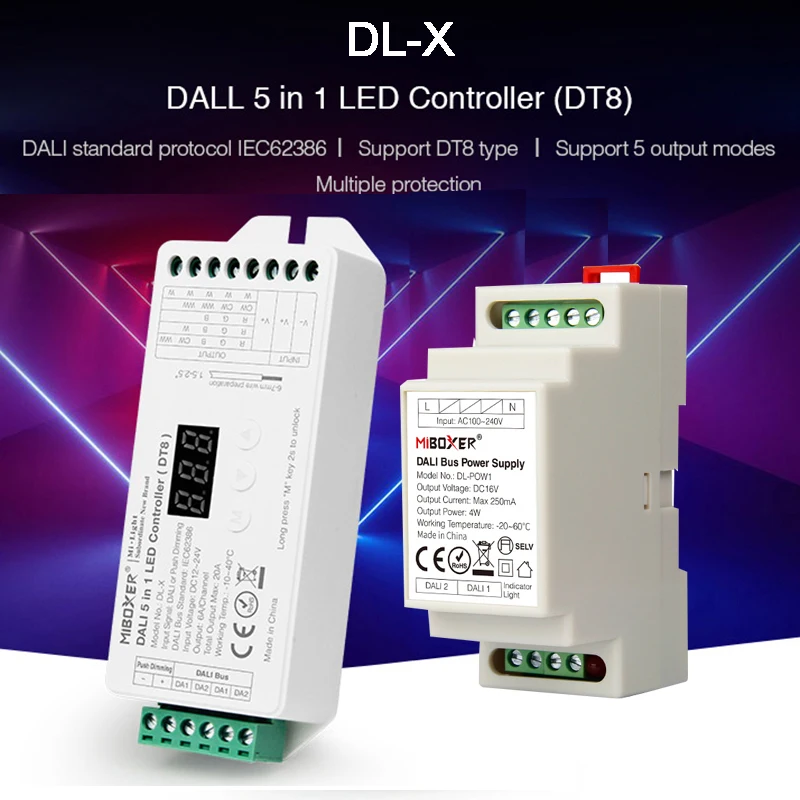 

Miboxer DALI (DT8) 5 in 1 LED Controller DL-X single color/CCT/RGB/RGBW/RGB+CCT smart led dimmer