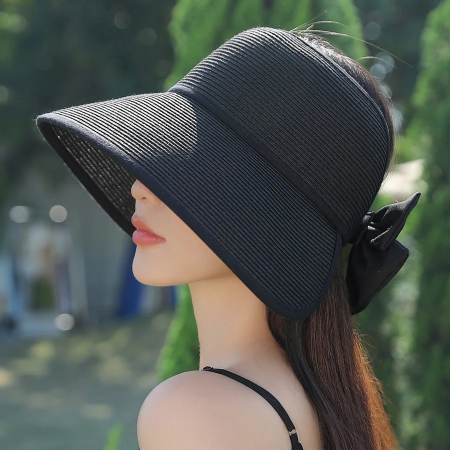 Korean Summer Large Brim Hollow Top Hat Fashion Bow Shading Straw Hat Casual Simple Sun Women Woven