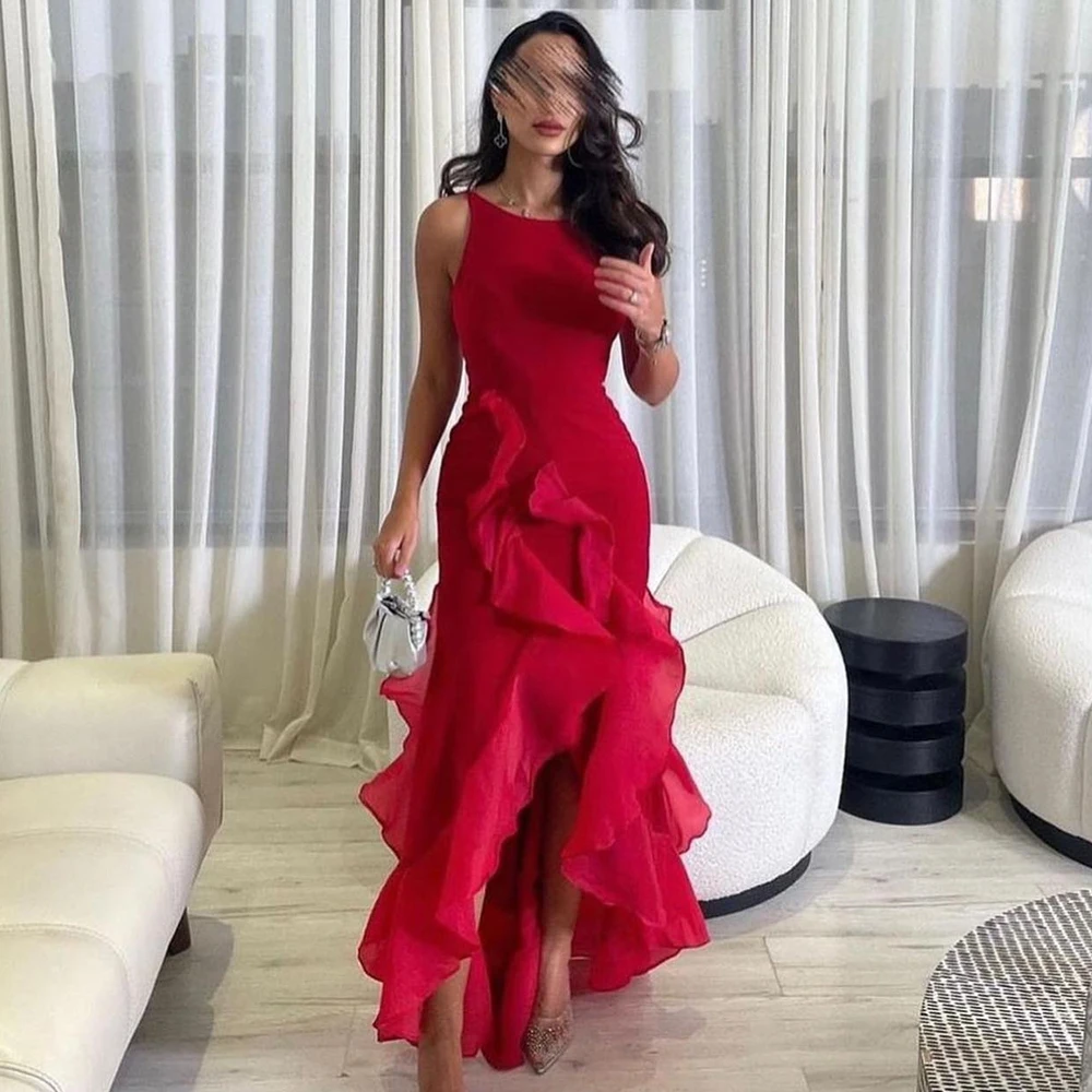 Elegant Red Ruffles Jersey Evening Dress Ladies Scoop Sleeveless High Low Special Occasion Gowns Sexy Backless Prom Dress