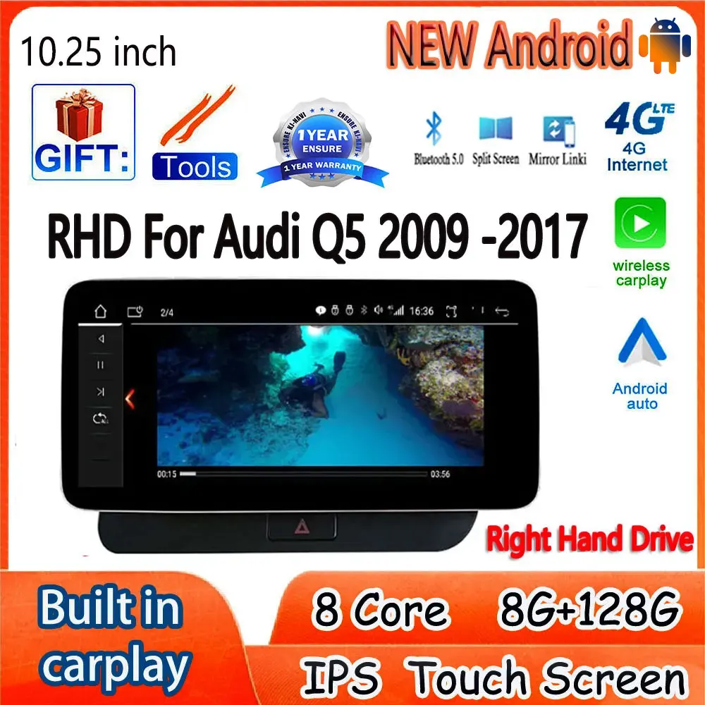 

RHD 10,25 дюймов Android 14 для Audi Q5 2009 -2017 IPS Экран Автомобильные аксессуары Монитор Carplay мультимедийный радиоплеер 4G WIFI