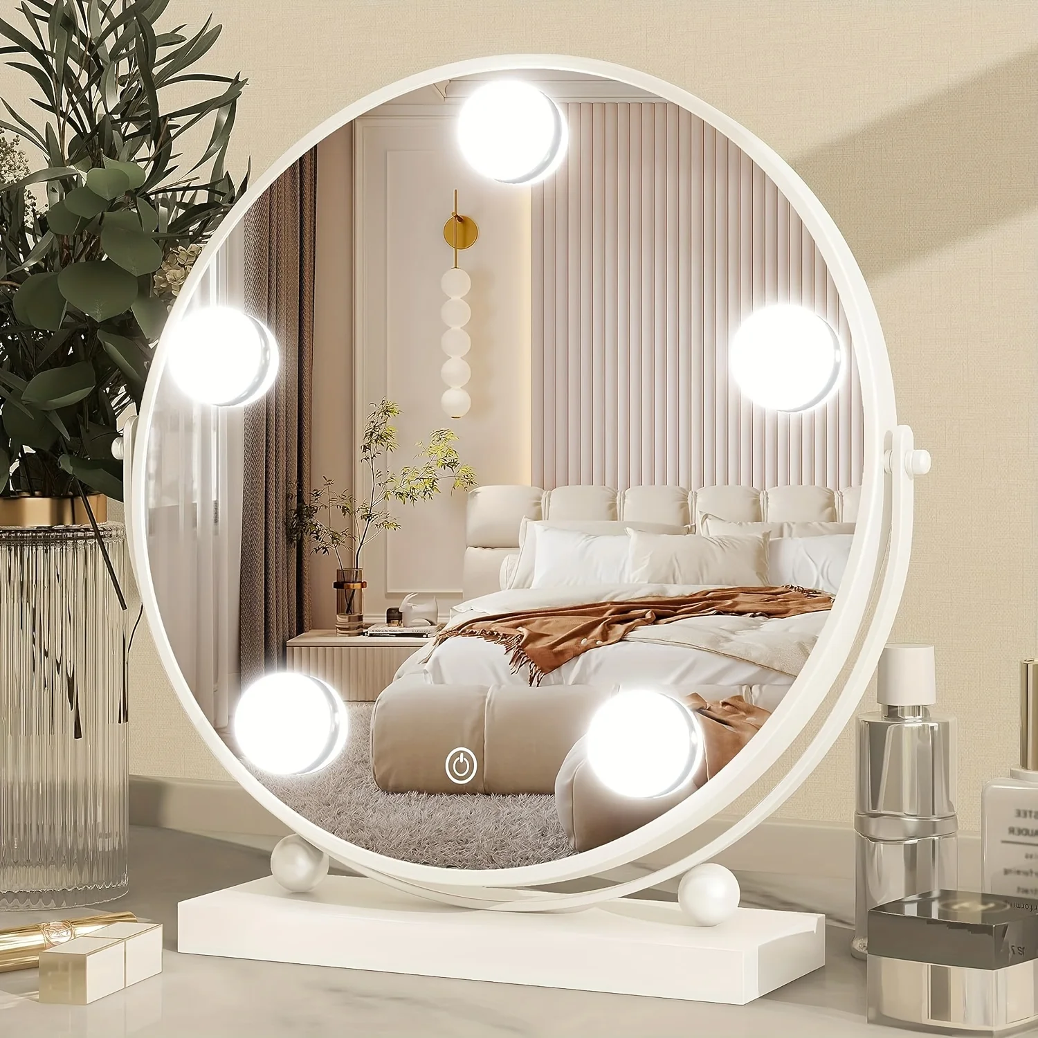 

13 Inch Vanity Mirror With Lights, Round Make Up Mirror With Lighting, LED Makeup Mirror With 5 Dimmable Bulbs For Bedroom Tabl