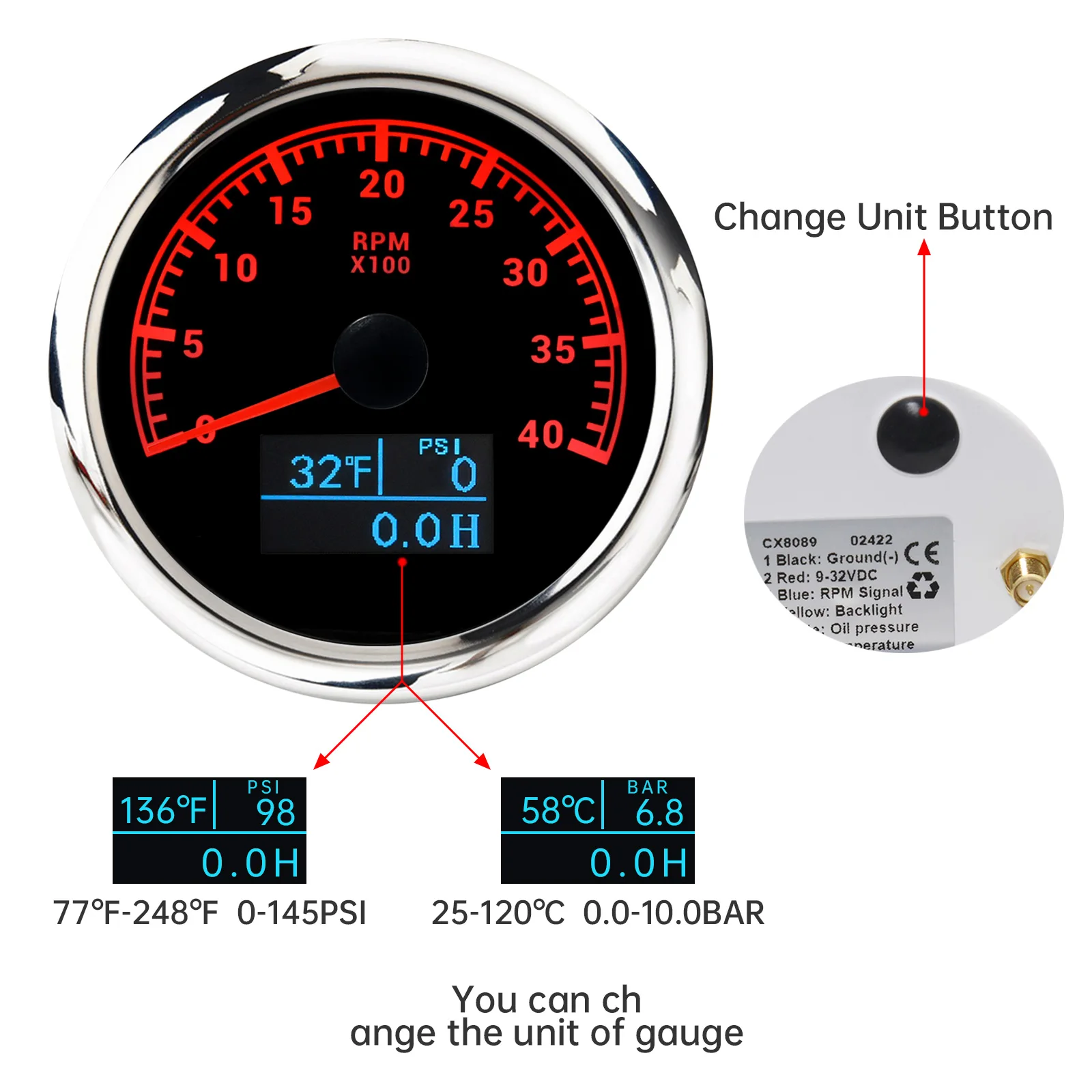 3 In 1 Tacho Meter 85MM Gauge Red Backlight for Marine Boat 3000-8000RPM Tachometer Water Temperature Oil Pressure Gauge Sensor tachometer gauge engine tachometer tachometer meter