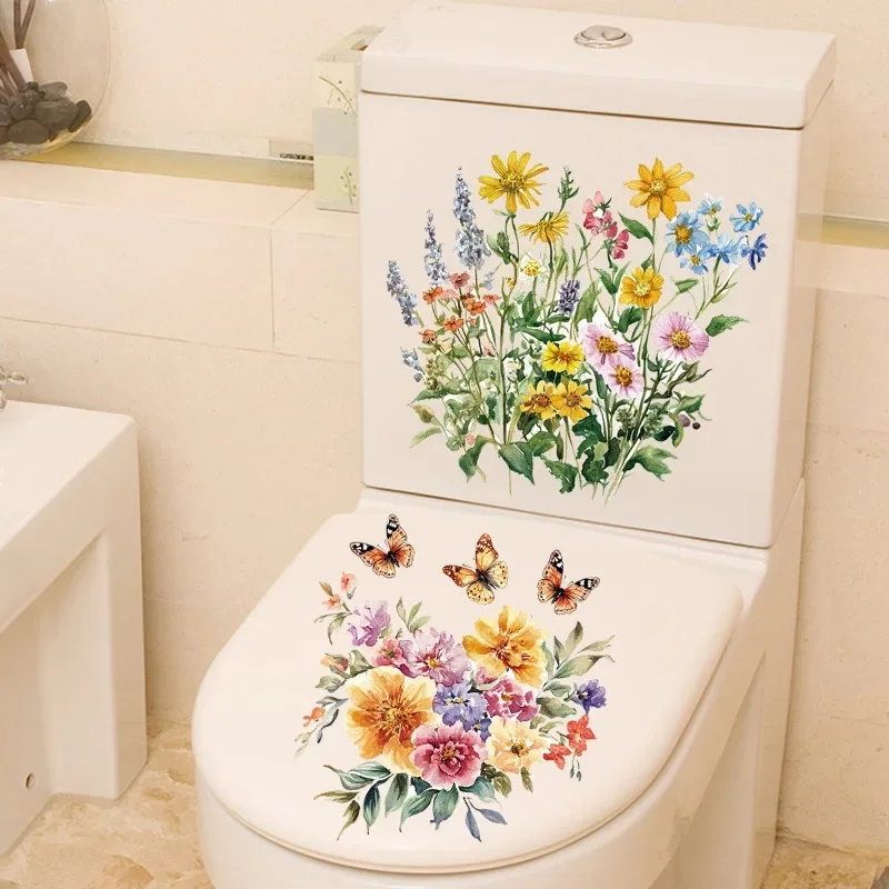 DIY Waterproof Cartoon Flower Bathroom Stickers Removable Toilet Tank Vinyl Decals for Bathroom Decor Home Decoration Art