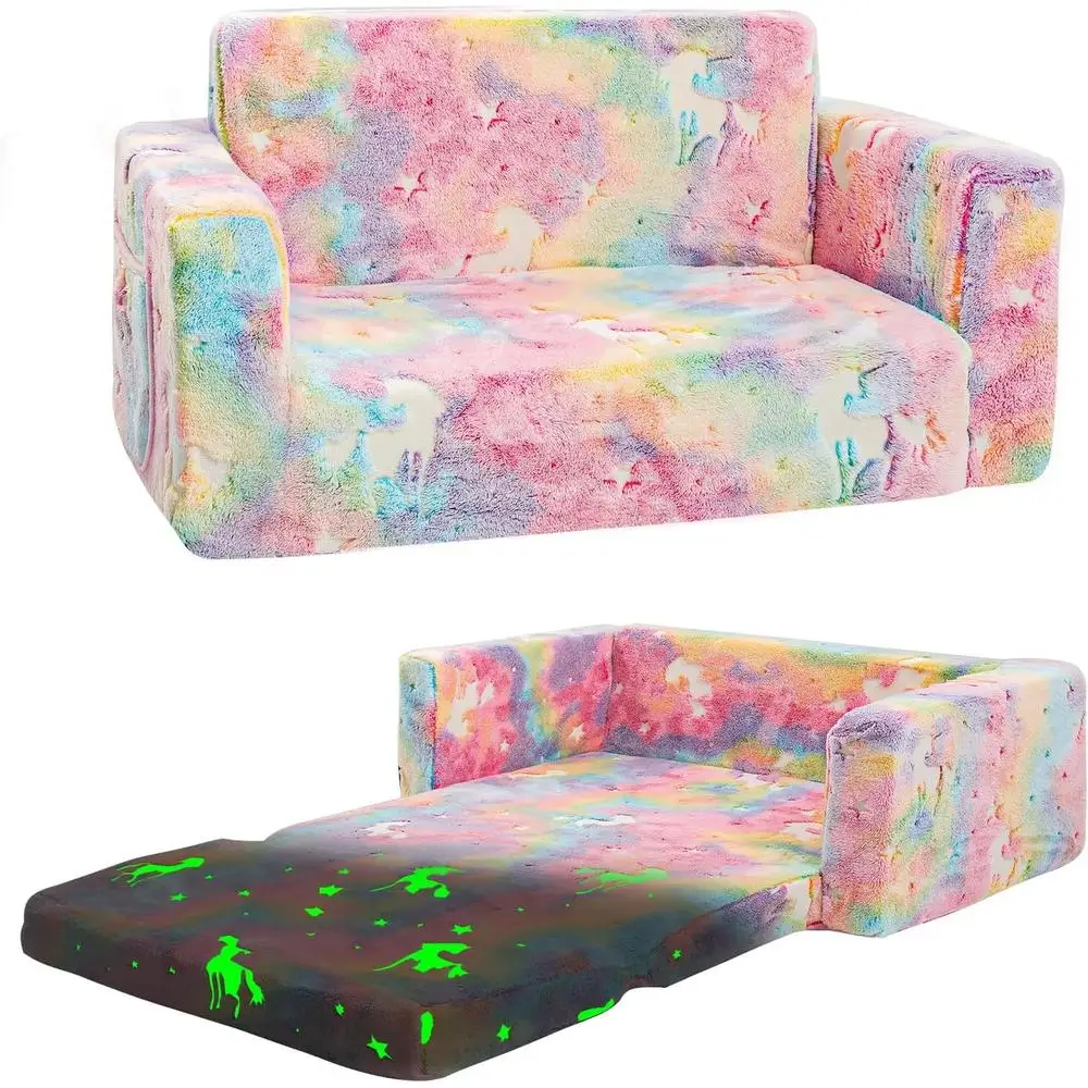 Kids Couch Toddler Chair Glow in Dark Foam Sofa Convertible Lounger Foldable Toddler Bed Storage Playroom Indoor Use 2
