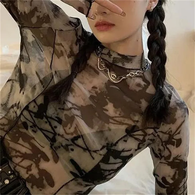 Korean Fashion Y2k Women Tie-dye T-Shirts Sexy Mesh Crop Tops Long Sleeve See Through Slim Turtleneck Female Printed Outfits