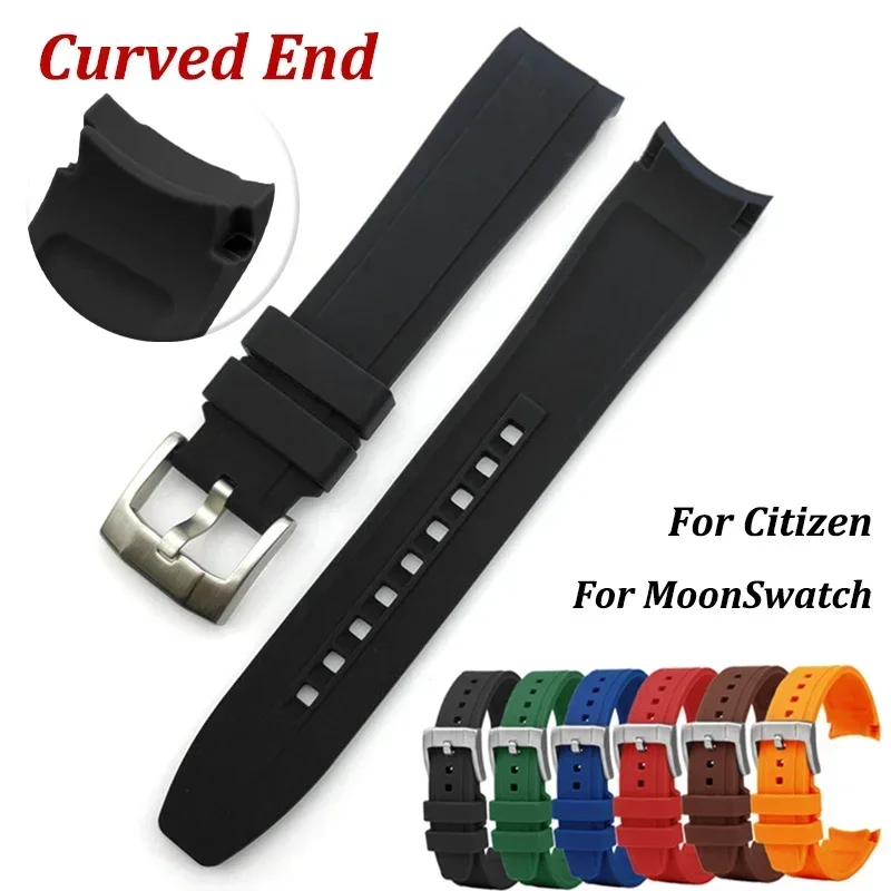 Curved End Silicone Rubber Sport Watch Band - 20mm/22mm Strap Replacement