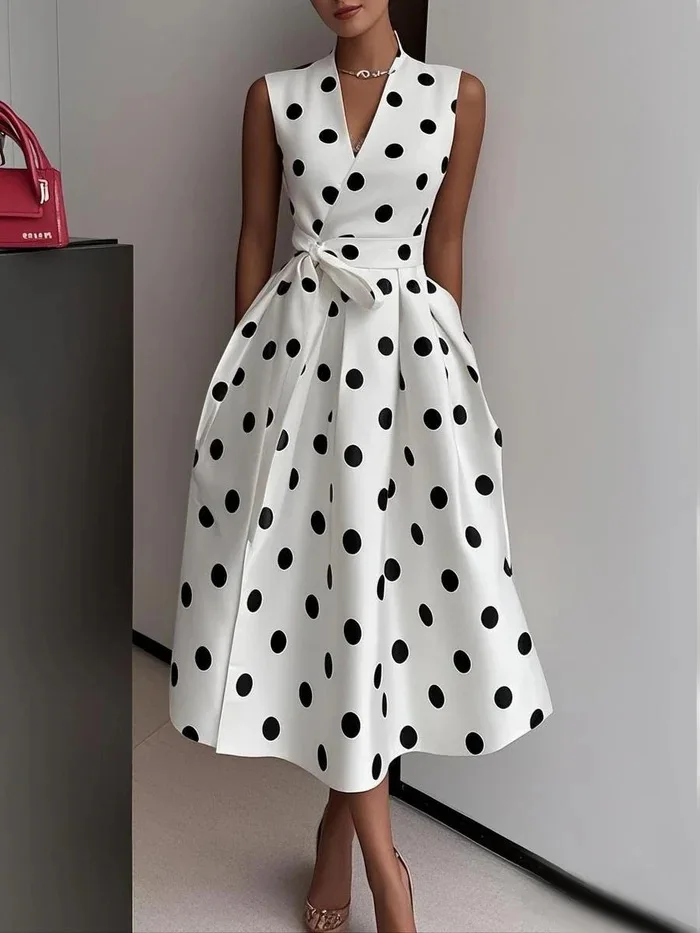 Women's sleeveless polka dot dress with V-neckline...