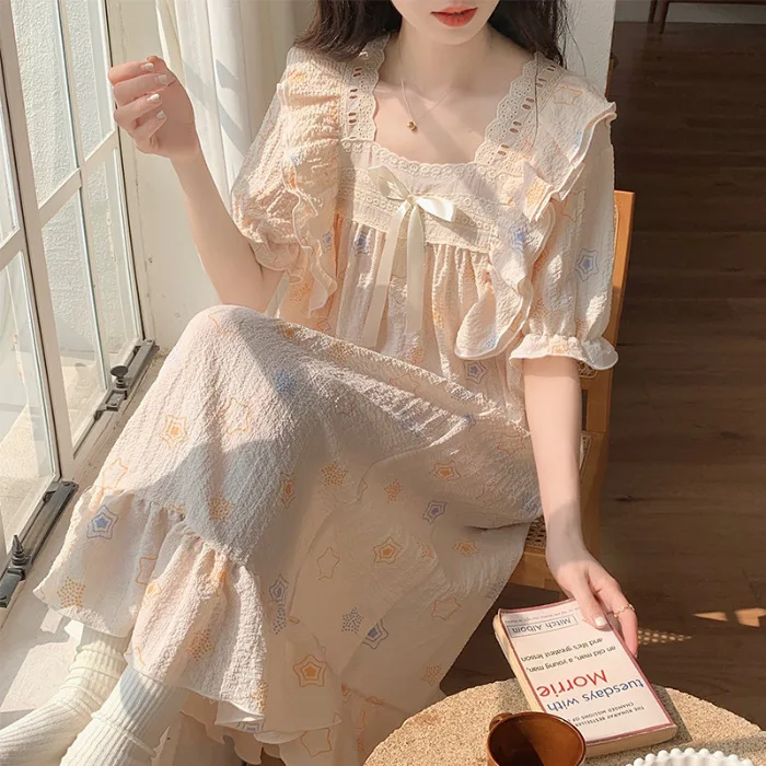 Summer New Nightgowns Ladies Pajamas Homewear Women Bubble Wrinkled Fabric Cute Loose Dresses Student Nightgowns Homewear