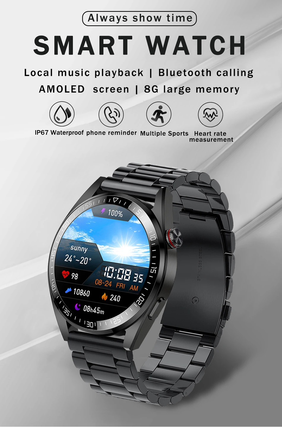 SACOSDING Smart Watch Men 454*454 Screen Always Display The Time Bluetooth Call 8G RAM Local Music Smartwatch For Android ios