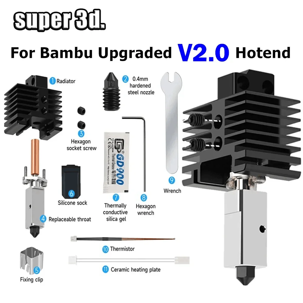 Hotend Upgrade V2.0 para Bambu Carbono de Bambu X1c P1p Hotend Kit X1c Garganta de Metal Bocal Cht Aço Endurecido 500 °c