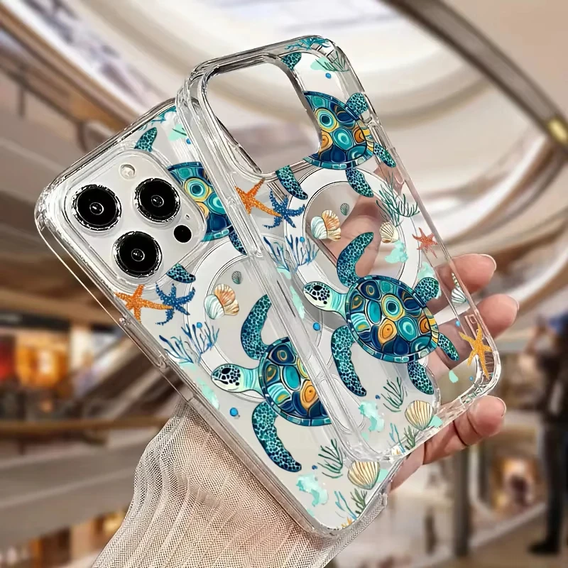 Sea Turtle & Sea Star Magnetic Clear Phone Case - Elegant Hard Cover