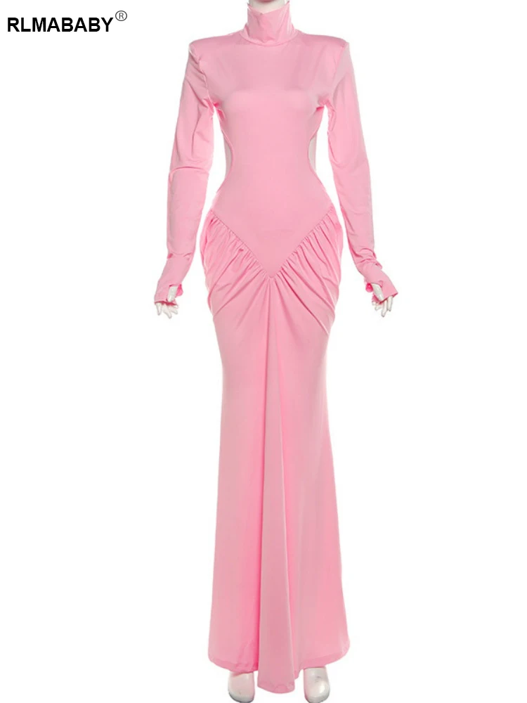 RLMABABY Elegant Turtleneck Backless Women Solid Long Bodycon