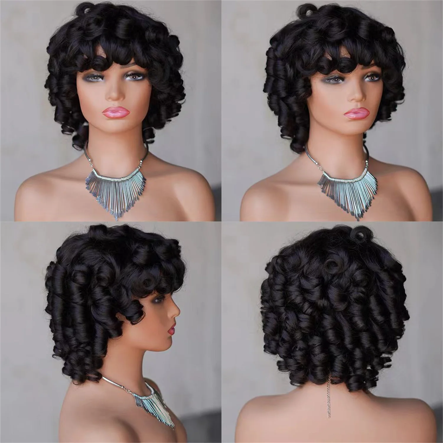 Parrucca Bob Corta Funmi Riccia Pronta da Indossare, Realizzata a Macchina, con Frangia, Senza Colla, Ricci Morbidi, in Capelli Umani Vietnamiti per Donne - immagine 2
