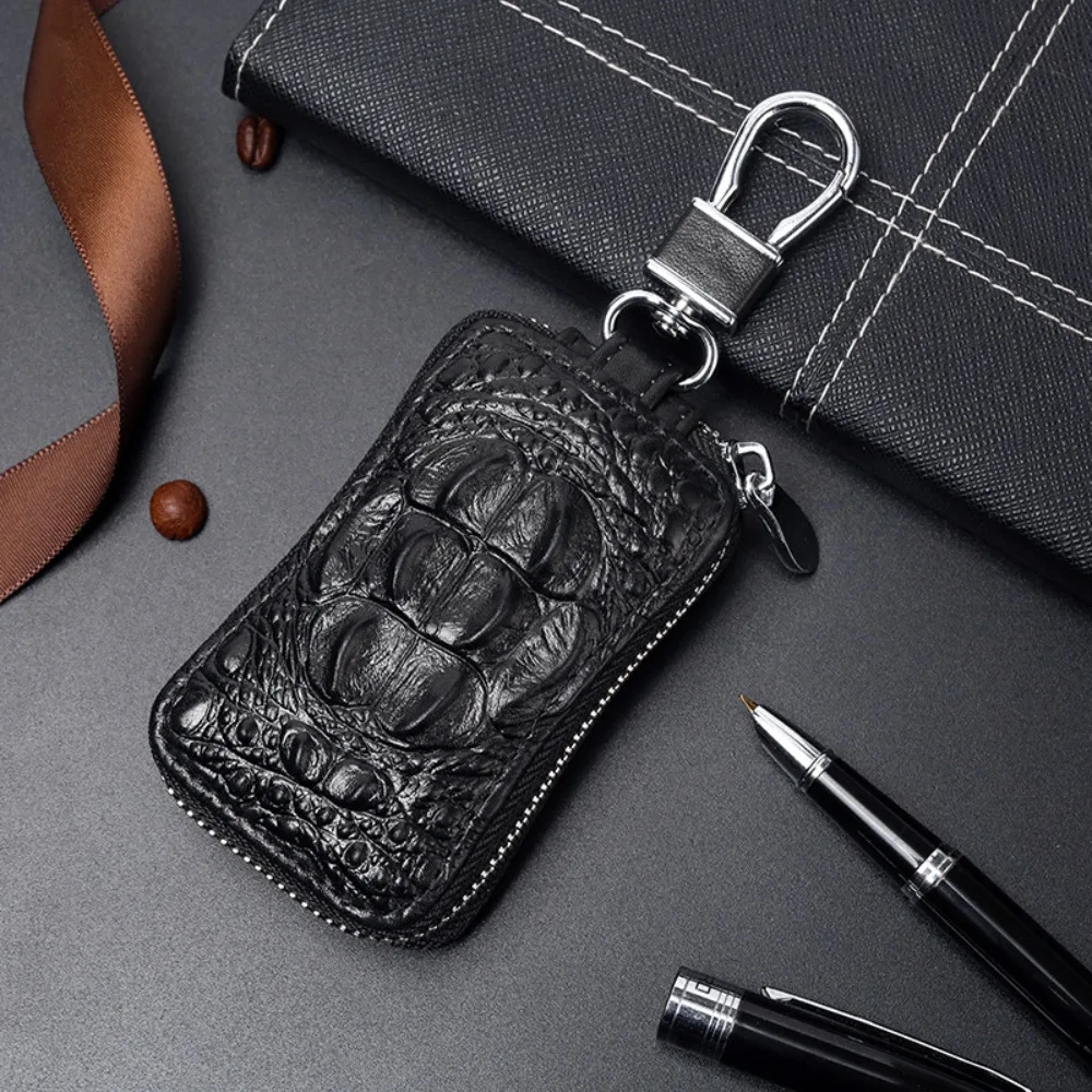 Genuine Leather Multifunctional Key Chain Top Layer Cowhide High-capacity Car Key Bag Crocodile Pattern Vertical Square Shape