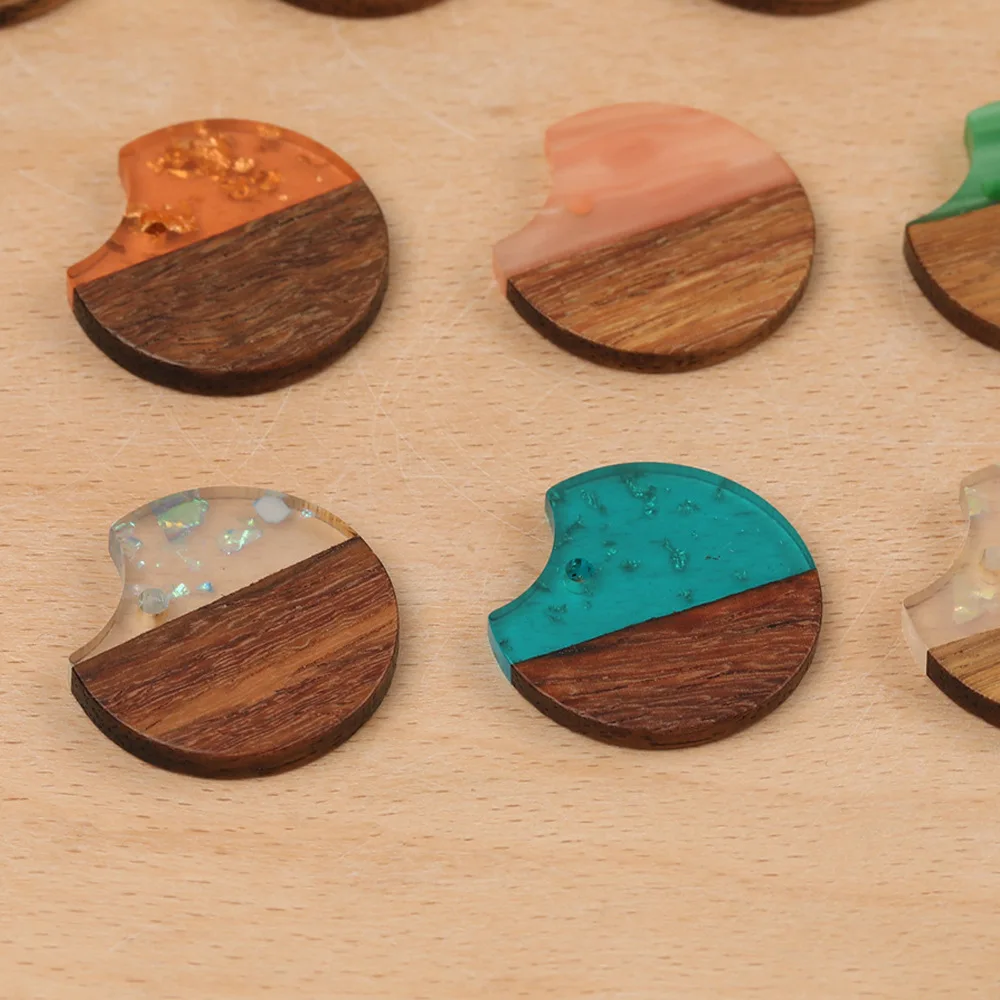 10Pcs Flat Round Resin Wood Pendant Charms with Paillette for DIY Earrings Necklaces Making Jewelry Crafting Accessories 25x25mm