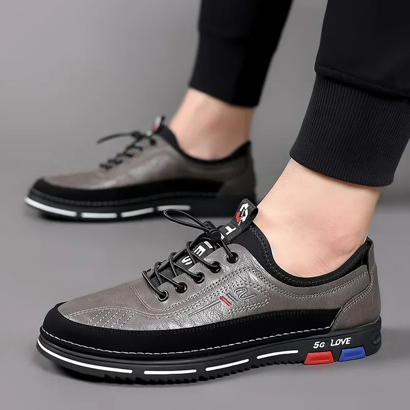 Genuine Leather Man Shoes Elastic Band Men's Sneakers Concise Soft