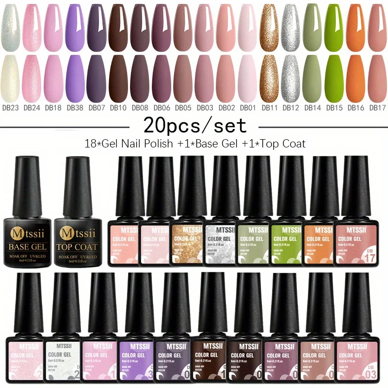 MTSSII 20pcs/set Nail Polish Gel With Base Top Coat Spring Summer Purple Color Party Wedding Decor Soak Off Nail Art Gel Varnish 2