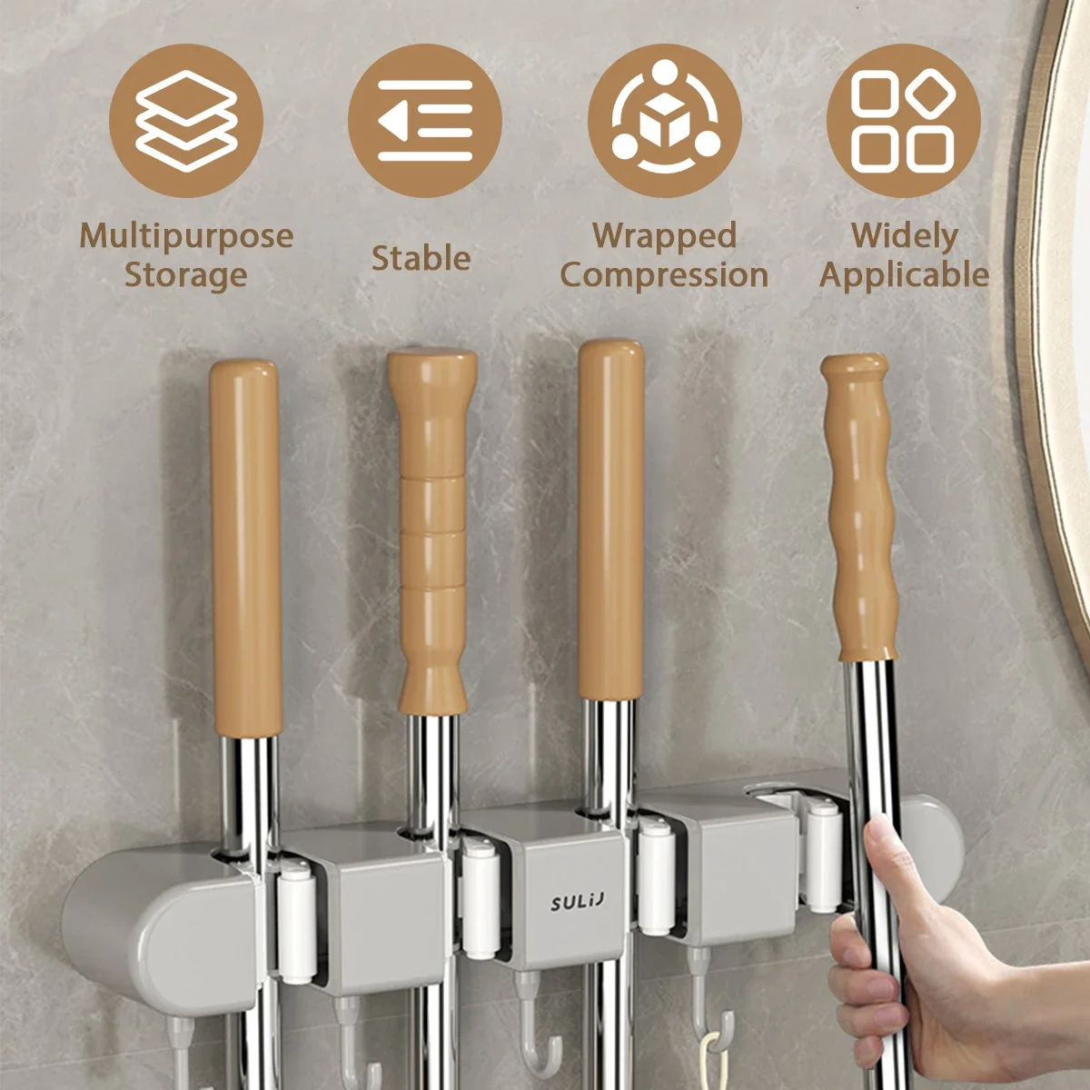 1PCS Mop and Broom Holder Wall Mounted Organizer No Drilling Self-Adhesive Storage Tool Rack with 5 Hooks Mop Holder Hanger