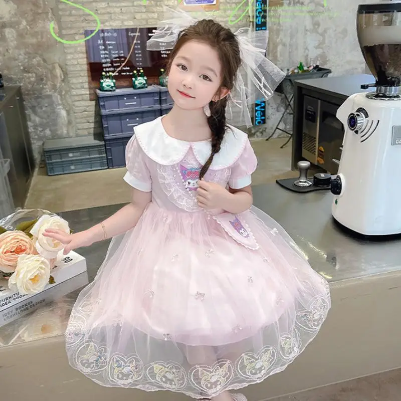 

Sanrios Kuromi Kids Mesh Tutu Skirt Cartoon Summer Doll Collar Fashionable Princess Skirt Anime Fresh Sweet Dress Cute Girl Gift