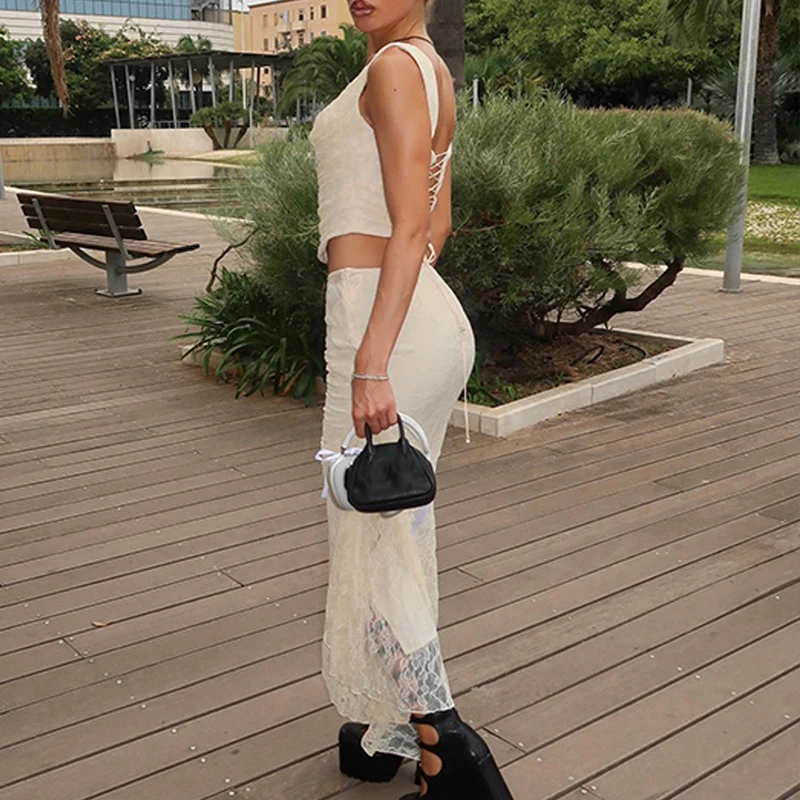 WhereMery Elegant Square-neck Bandage Backless Tank Top With Y2K Lace Texture Mesh See-through Party Long Skirt Club Gentle Set 5