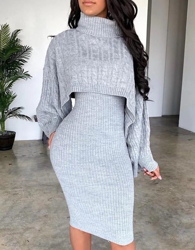 Women's Fashion Two Piece Suit Outfits for Woman Casual Solid High Neck Ribbed Sweater & Thin Strap Midi Dress Sets Autumn New