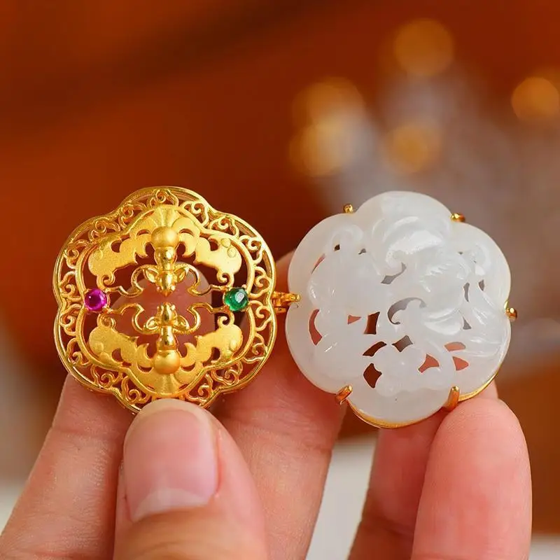 

Classic New in Natural Hotan jade necklace pendant Charm Chinese Style Retro Element Design Can Open Luxury Silver jewelry