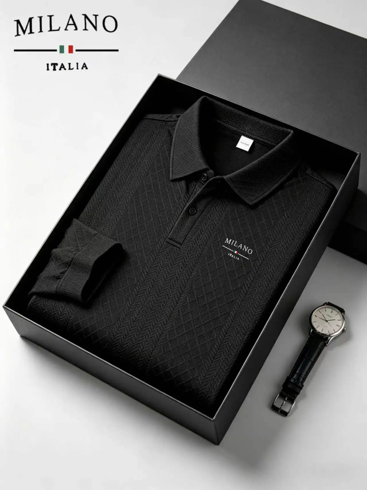 Polo a Maniche Lunghe Jacquard Testurizzato Milano Italia per Uomo, Casual Business Golf Pullover Top - immagine 6