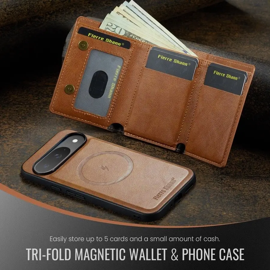 Magnetic Detachable Leather Wallet Phone Stand with Wireless Charging Capability