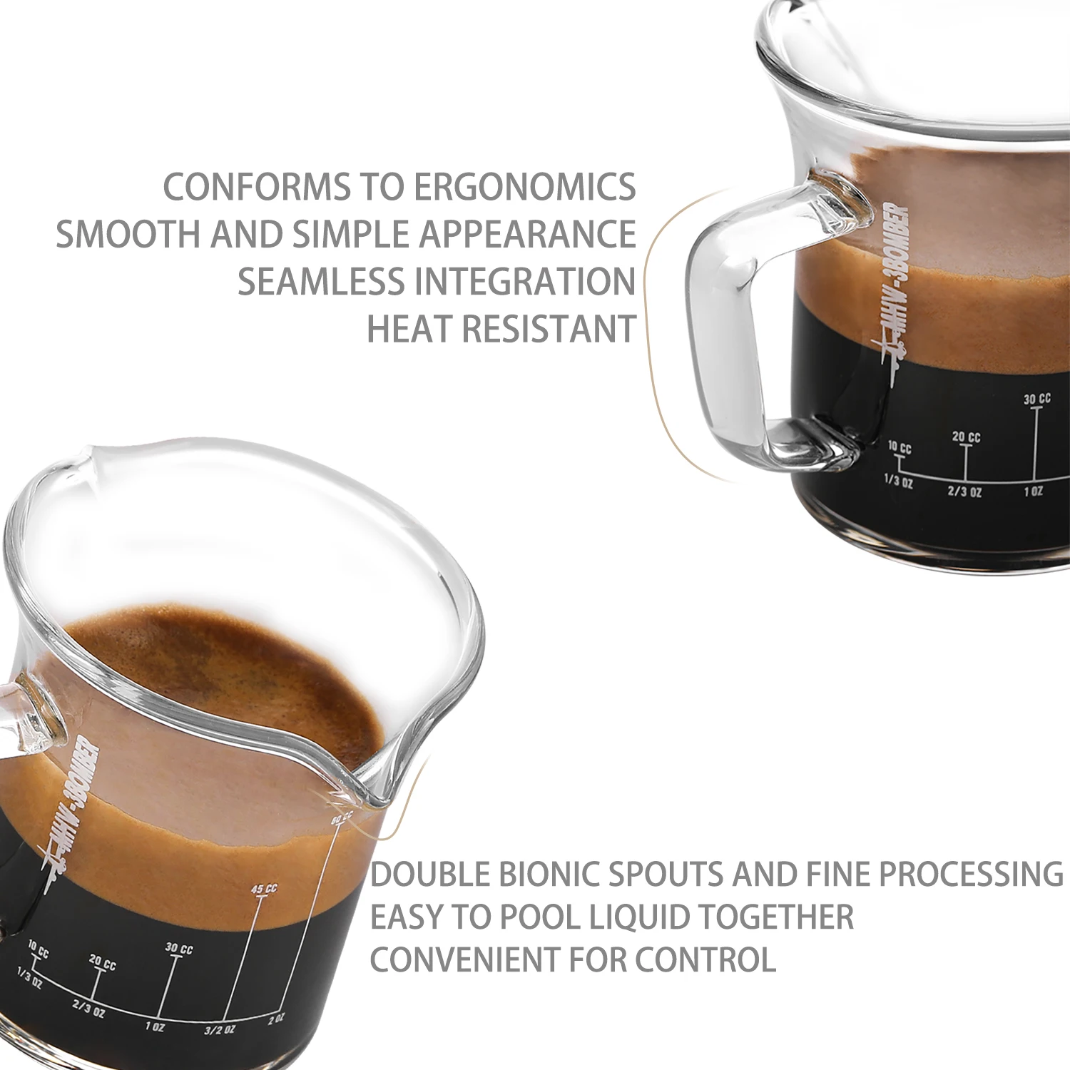 2 Pack 3oz Heat Resistant Glass Espresso Measuring Glass Espresso Shot Glass Triple Pitcher Barista Double Spouts with Pouring Handle Barista