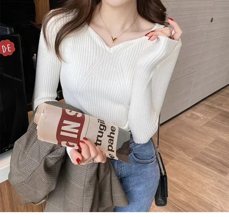 Women Slim V-Neck Bottoming Sweater Autumn Winter For Women Casual Pullovers Long Sleeve Knit Warm Office Sweater