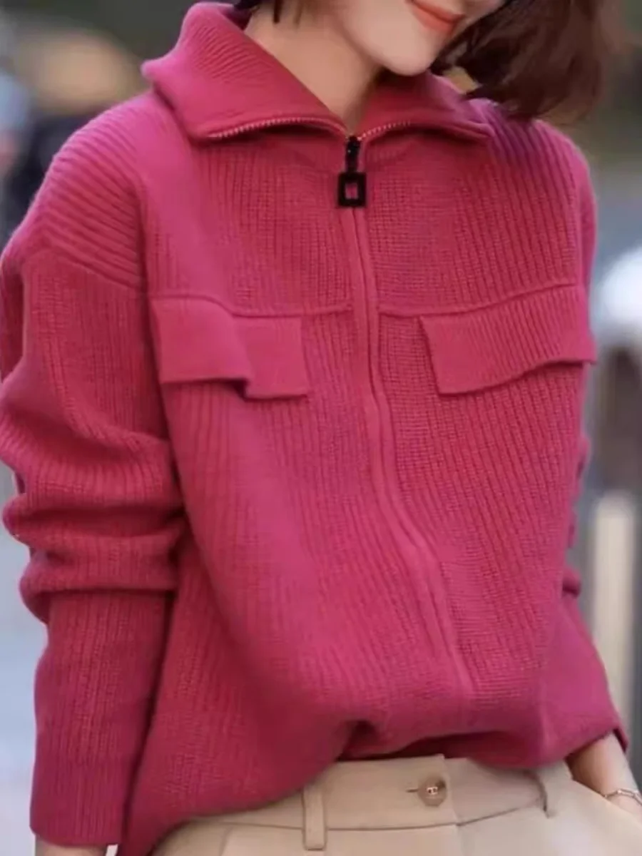 New 100% pure cashmere cardigan in autumn and winter women's POLO collar cashmere rose red coat knitted hooded sweater 1