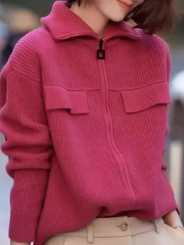 New 100% pure cashmere cardigan in autumn and winter women's POLO collar cashmere rose red coat knitted hooded sweater 1