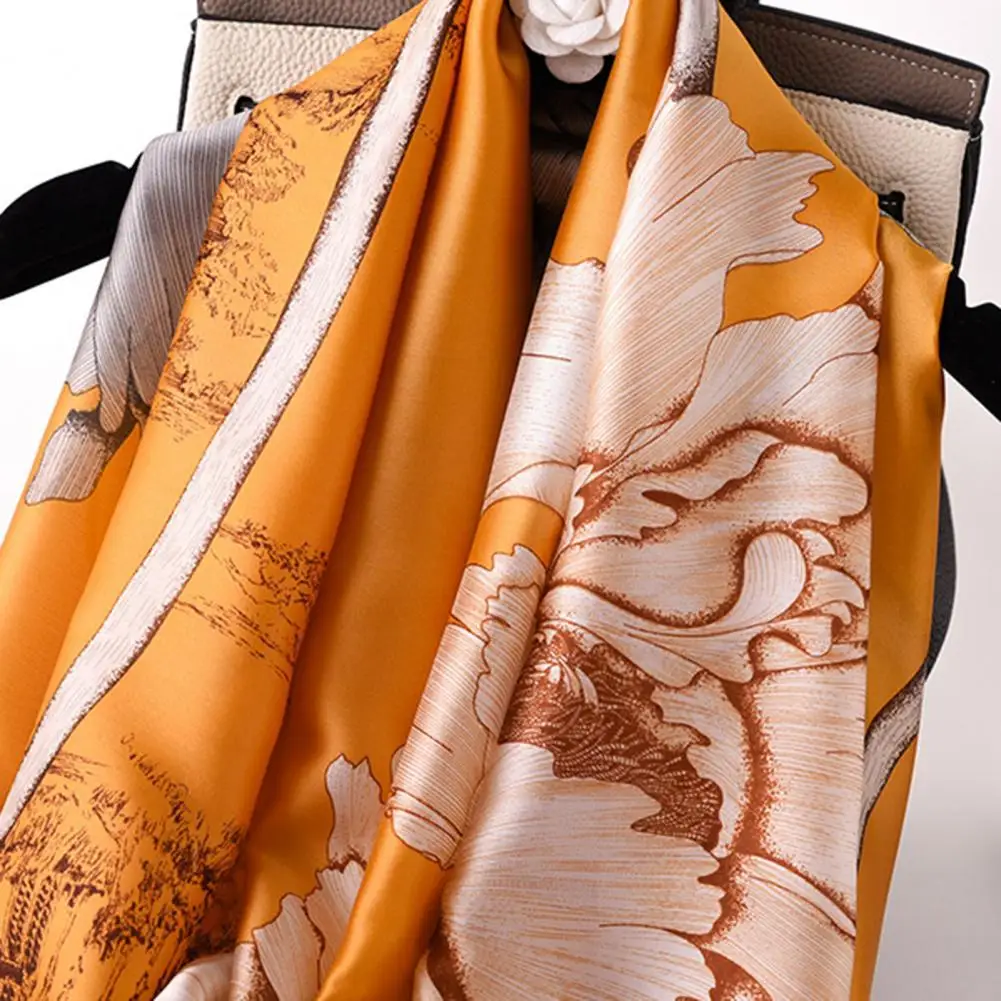 

Floral Print Women Scarf Sun Protection Beach Shawl Washable Imitation Silk Autumn Scarf Long Smooth Casual Scarf for Home