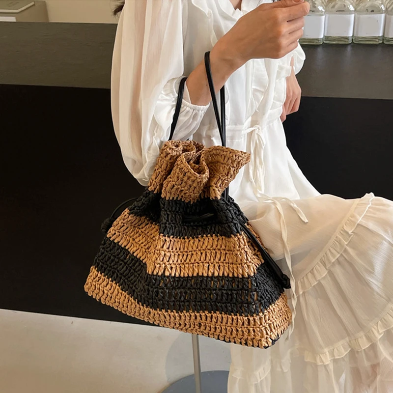 New Stripe Crochet Large Braided Bag Single Shoulder Tote Straw Braided Bag Drawstring Women's Bag